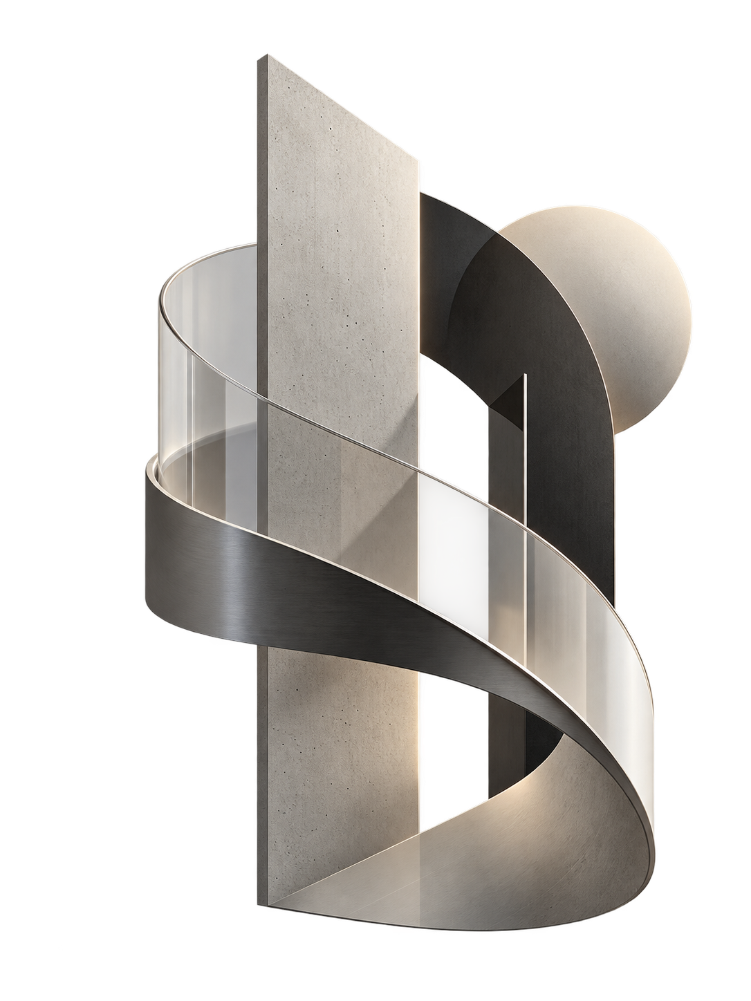 Architectural sculpture of stone, metal, and curved glass